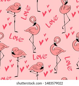 Seamless pattern with cute pink flamingos, heart shapes and lettering. Cartoon doodle birds isolated on pink background. Hand drawn vector illustration.