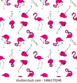 Seamless pattern with cute pink flamingos randomly oriented on white background. Hand drawn vector illustration.