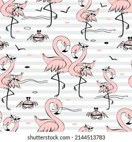 Nahtloses Muster mit süß rosa Flamingos. Gestreifter Hintergrund. Vektorgrafik.