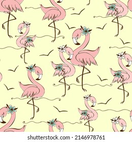 Seamless pattern with cute pink flamingos. Vector.