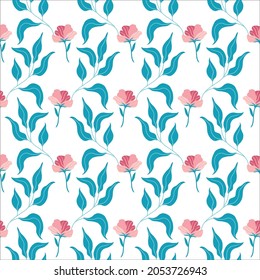 Seamless pattern with cute pink flat flowers and leaves. Hand drawn vector illustration on white background. Texture for print, fabric, textile, wallpaper.