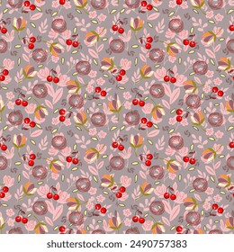 Seamless pattern cute pink flower pattern with red cherries In spring on a gray background. For fabric, textiles, wallpaper. 
 gift wrapping paper