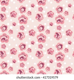 Seamless pattern with cute pink flower and white dots