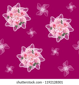 Seamless pattern with cute pink flowers and lace. Flower background for textile, cover, wallpaper, gift packaging, printing.Romantic design for calico, silk.