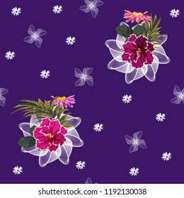 Seamless pattern with cute pink flowers and lace. Flower background for textile, cover, wallpaper, gift packaging, printing.Romantic design for calico, silk.