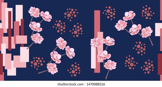 Seamless pattern with cute pink flowers and geometric shapes. Flower background for textile, cover, wallpaper, gift packaging, printing. Romantic design for calico, silk.