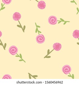 Seamless pattern with cute pink flowers on yellow background. For children textile