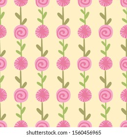 Seamless pattern with cute pink flowers on yellow background. For children textile