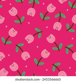 Seamless pattern with cute pink flowers for fabric print, textile, gift wrapping paper. children's colorful vector, flat style