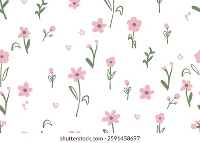 Seamless pattern with cute pink flowers, green leaves perfect for women and kids. fashion fabric textile. vector illustration