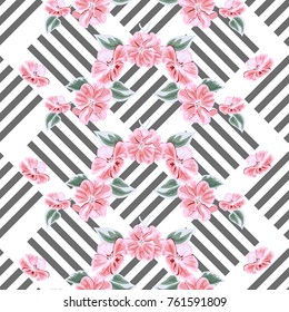 Seamless pattern with cute pink flowers on striped background. Flower background for textile, cover, wallpaper, gift packaging, printing.Romantic design for calico, silk.