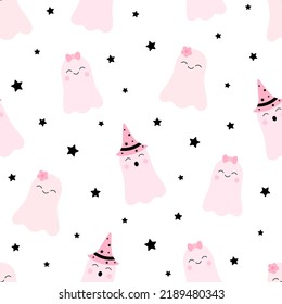 Seamless pattern cute pink ghosts Halloween vector illustration