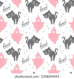 Seamless pattern, cute pink ghosts, cats and the word boo. Halloween print, background, textile, vector