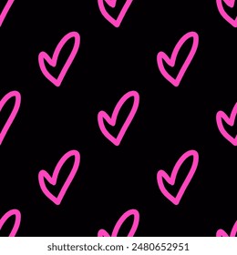 Seamless pattern of cute pink graffiti heart. Black background. Perfect for street urban designs, Valentine's Day, trendy fashion projects. Vibrant, Y2K, modern, edgy. Grunge and spray texture.