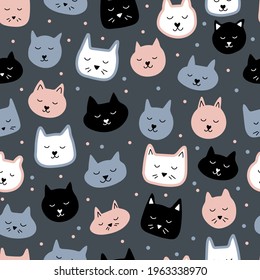 Seamless pattern with cute pink and grey cats on dark background. Hand drawn vector illustration. Trendy texture for textile, print, packaging