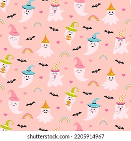 Patrón sin foco con lindos fantasmas rosados de halloween, murciélagos, arcos y corazones. Impresión de caracteres de "baby boo" espeluznantes para textil y envoltura.