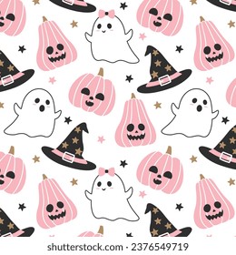 Patrón sin foco con un lindo sombrero de calabaza fantasma de halloween rosa y estrellas. Ideal para impresiones de tela textil. Ilustración vectorial. 