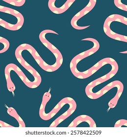 Seamless pattern with cute pink hand drawn snakes on dark blue background. Baby animals or nature theme. Abstract decorative wallpaper. Vector illustration.