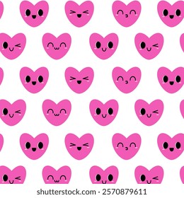 Seamless pattern with cute pink heart emoji on white background. Adorable cartoon hearts with different expressions. Romantic and playful Valentine's Day design.