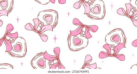 Nahtloses Muster aus niedlichen rosa Herzschränken mit Bändern und Funkeln. Romantischer, handgezeichneter Doodle-Hintergrund.