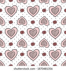 Seamless pattern of cute pink hearts with roses on a white background with dots. Nice, funny drawing. Vector.
