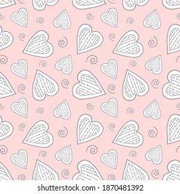 Seamless pattern of cute pink hearts with twists on a pink background. Nice, funny drawing. Vector.