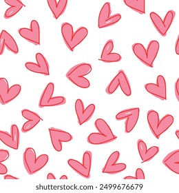 Patrón sin fisuras con lindos corazones de color rosa sobre fondo blanco. Ilustración vectorial.