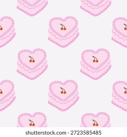 Seamless pattern with cute pink heart-shaped cakes decorated with cream and cherries on top. Vector illustration suitable for bakery packaging, wedding or holiday design, wrapping paper, textile, greeting cards, wallpaper.