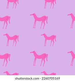 Seamless pattern with cute pink horses on a pink background. Repeating decorative background