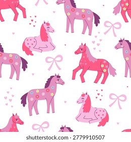 Seamless pattern with cute pink horses, hearts, and bows. Vector graphics.