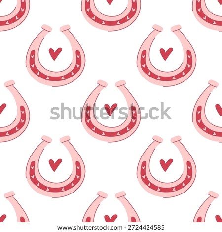 A seamless pattern with cute pink horseshoe and hearts. Valentine's day print for horse riders.