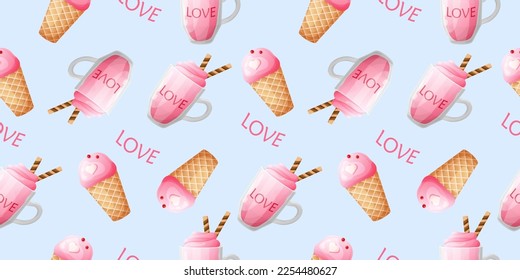 Seamless pattern with cute pink ice cream. Illustration for valentine's day. Pattern for gift wrapping, fabric, postcards