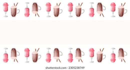 Seamless pattern with cute pink ice cream and coffee. Pattern for gift wrapping, fabric, postcards