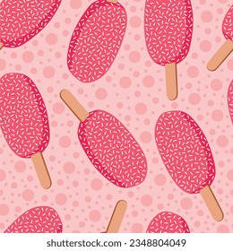 Seamless pattern with cute pink ice cream. Illustration for valentine's day. Pattern for gift wrapping, fabric.