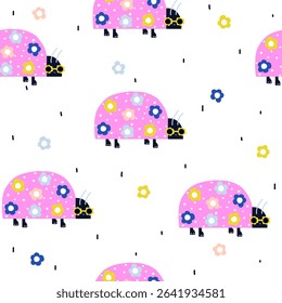 Seamless pattern with cute pink ladybugs. Childish print. Vector hand drawn illustration.