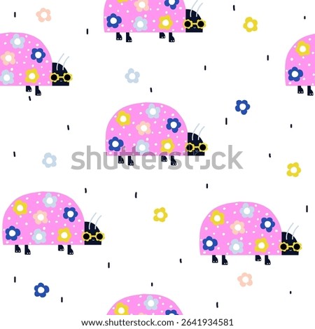 Seamless pattern with cute pink ladybugs. Childish print. Vector hand drawn illustration.