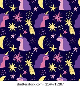 Seamless pattern with cute pink and lilac unicorns, stars,  on a black backfround. Vector graphics for prints on childrens clothes, t-shirts, pillows, wallpapers, packaging, packages.