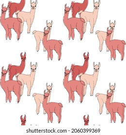 Seamless pattern with cute pink llamas, alpacas. Vector illustration in sketch style, hand drawing