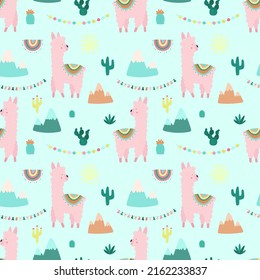 Seamless pattern of cute pink llamas or alpacas, mountains, cacti, garland, sun on a blue background. Image for children, room, textile, clothes, cards, wrapping paper. Hand-drawn illustration.