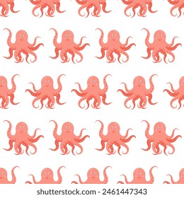 Nahtloses Muster mit niedlichem rosa Oktopus. Meereshintergrund und süßes Meerestier. Leben unter Wasser. Print für Design, Stoff, Banner, Stickerei, Bildschirmhintergrund. Vektorillustration
