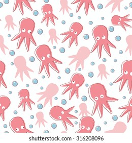 Seamless pattern with cute pink octopus.