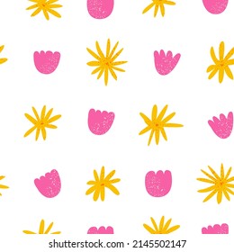 Seamless pattern with cute pink and orange flowers. Vector floral background with textured flowers. 