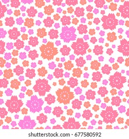 Seamless pattern of cute pink and orange flowers on white background