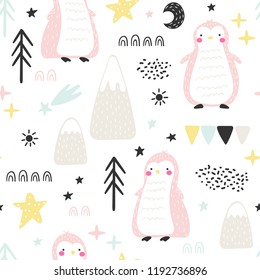 Seamless pattern with cute pink penguins and hand-drawn elements. Great for fabric, textile. Vector Illustration for kids.