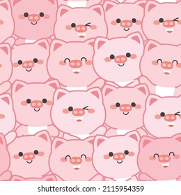 Seamless pattern of cute pink pig cartoon.Animal character design.Image for card,apparel,fabric,textile,baby clothing.Repeat.Kawaii.Vector.Illustration.
