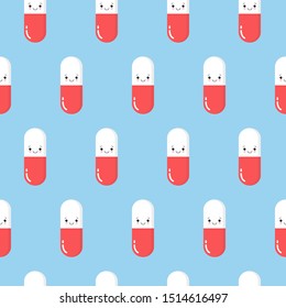 Seamless pattern with cute pink pills and capsules. Simple flat vector illustration.