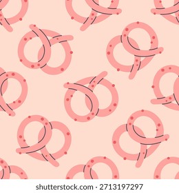 Seamless pattern with cute pink pretzel. Oktoberfest snack. Design for banner, wallpaper, wrapping paper, background, card, poster. Vector illustration in flat style