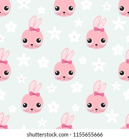 Seamless pattern with cute pink rabbit face on a green background with flowers. Vector illustration for children.