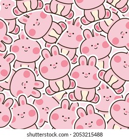 Seamless pattern of cute pink rabbit in sitting pose background.Animal character design.Pet.Zoo.Repeat.Kawaii.Image for baby cloth,gift paper,card,banner,wallpaper,sticker.Vector.Illustration.