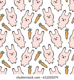 Seamless Pattern with Cute Pink Rabbit or Bunny with Carrot on a White Background